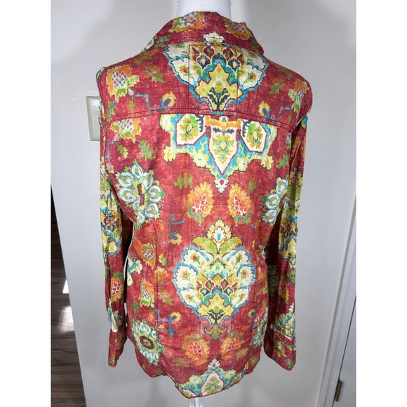 Cino Medallion Button Down Shirt Women's S Velvet Trim Red Crinkle Cotton BOHO - Picture 5 of 12